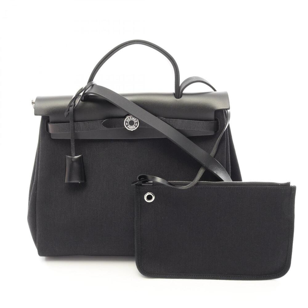 Hermes Herbag Zip PM 2-Way Handbag, Toile Military Vache Hunter, Black, Women's.